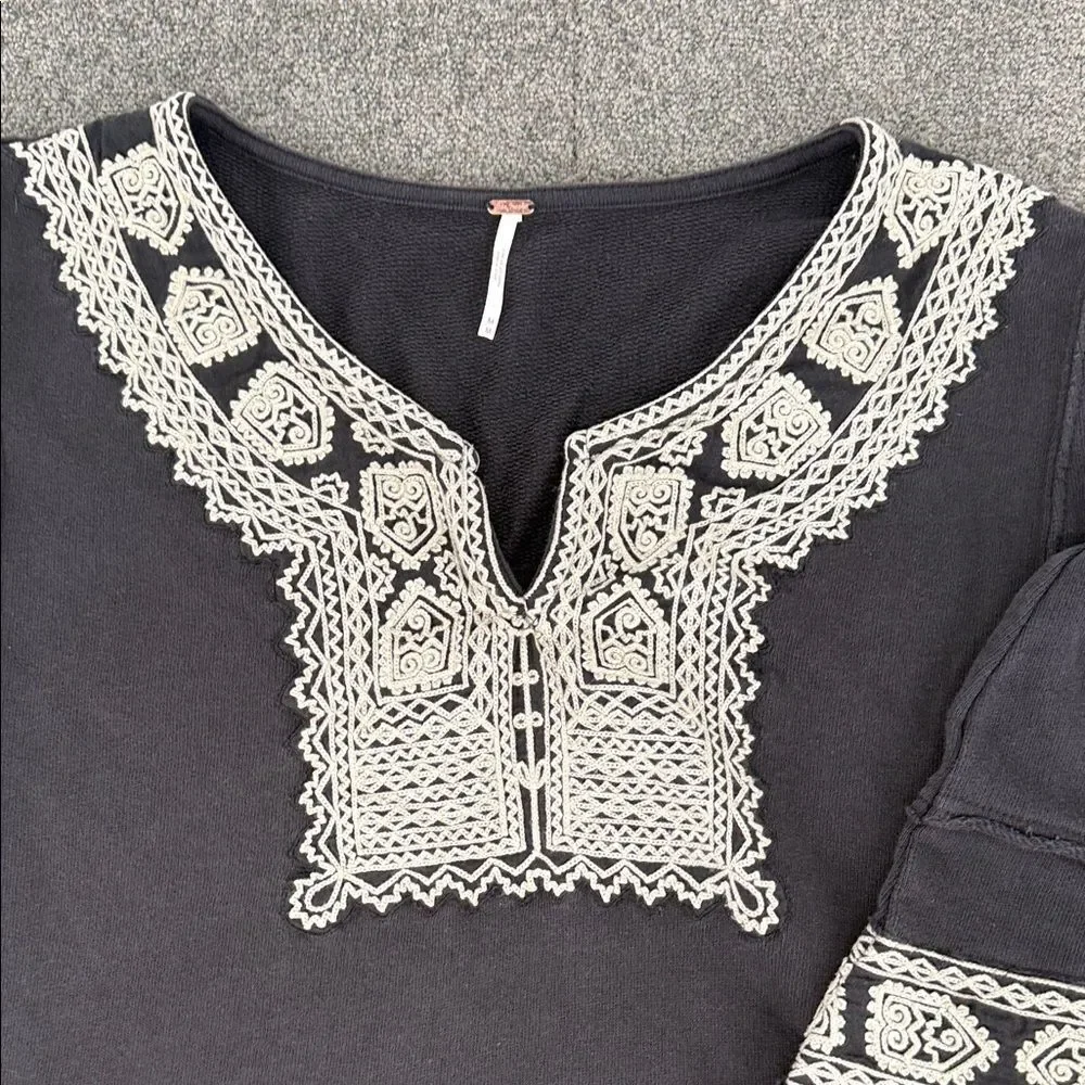 Free People Top Wm Medium Santa Maria Pullover Black Antique Terry Bell Sleeves